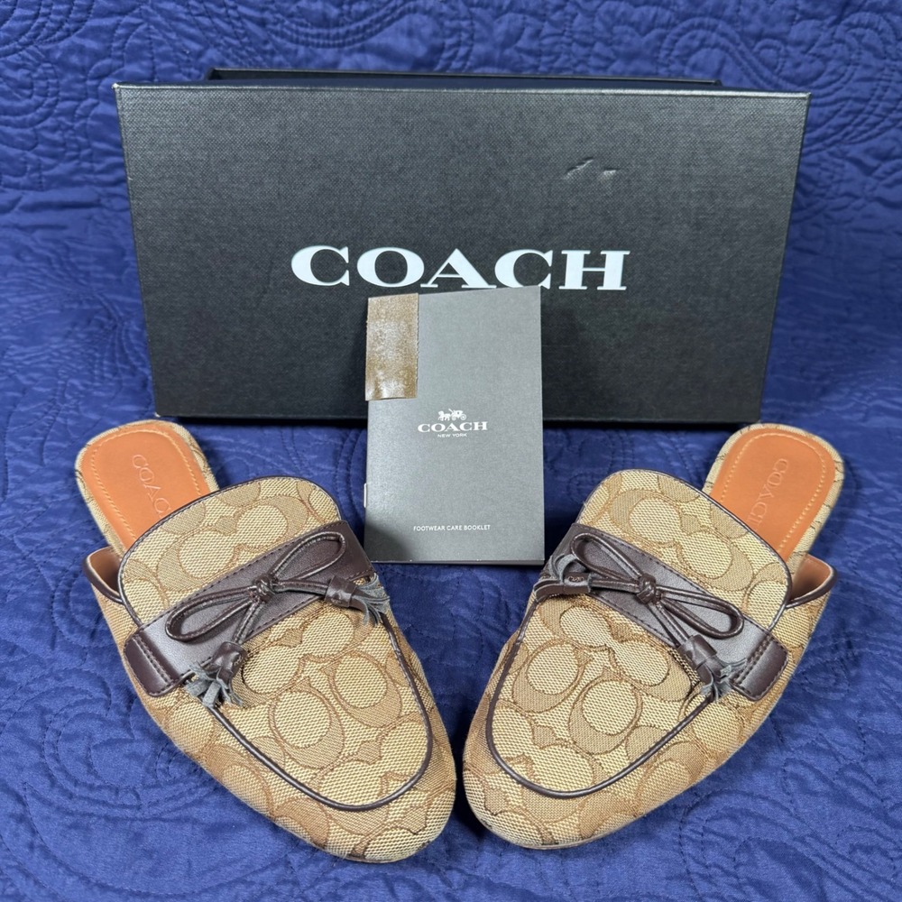 Coach Signature Jacquard Mules Tan Brown Monogram Tassel Bow Loafer Slides